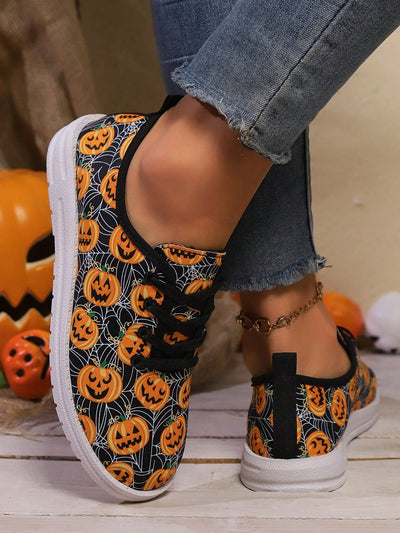 Spooktacular Comfort: Women's Halloween Pumpkin Skull Print Sneakers