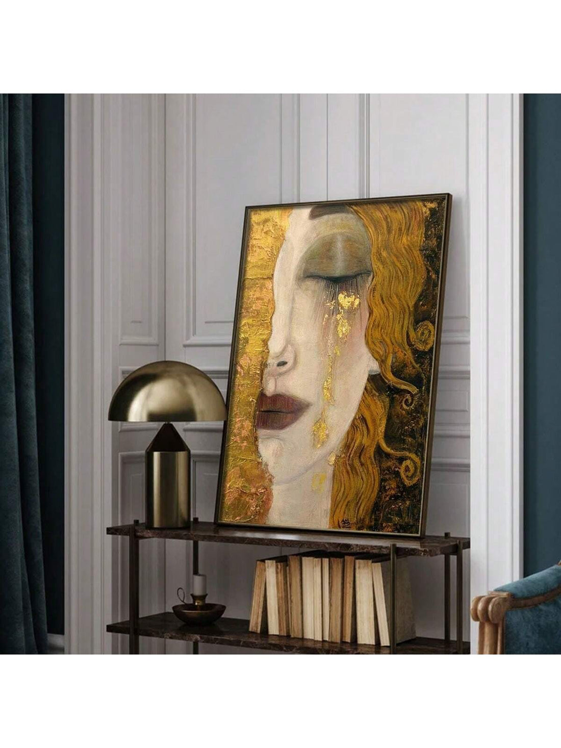 Add some elegance to your space with Gold Freya's Tears canvas art. Depicting the captivating eyes of a woman, this unframed decor invites a touch of mystery and allure. Perfect for any room, this high-quality print will add a unique and sophisticated touch. (Frame not included).