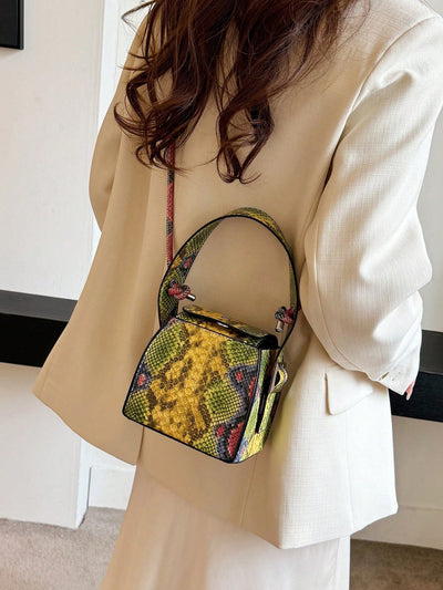 Chic Mini Yellow Snake Print Cube Handbag - Stylish Shoulder Bag for Any Occasion