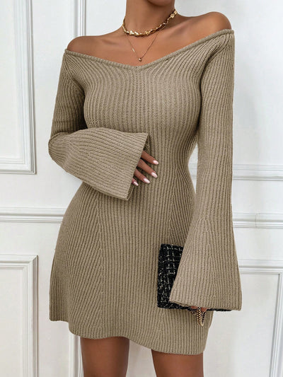 Cozy Chic: V-Neck Bell Sleeve Sweater Dress for Effortless Autumn Style