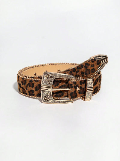 Chic Vintage Leopard Print PU Leather Waist Belt with Metal Buckle for Women