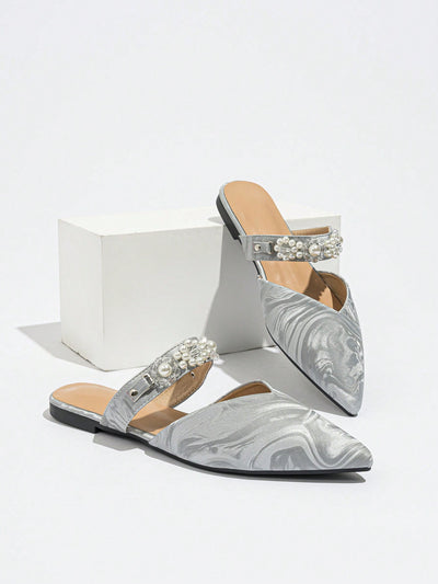 Sparkling Silver Rhinestone French Low Heel Mule Sandals - Summer 2024 Collection