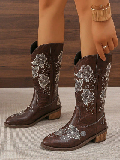 Vintage Coffee Brown Embroidered Western Boots - European Style Trendy Mid-Calf Boots