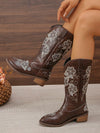 Vintage Coffee Brown Embroidered Western Boots - European Style Trendy Mid-Calf Boots