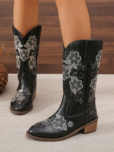 Vintage Coffee Brown Embroidered Western Boots - European Style Trendy Mid-Calf Boots