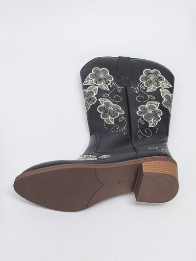 Vintage Coffee Brown Embroidered Western Boots - European Style Trendy Mid-Calf Boots