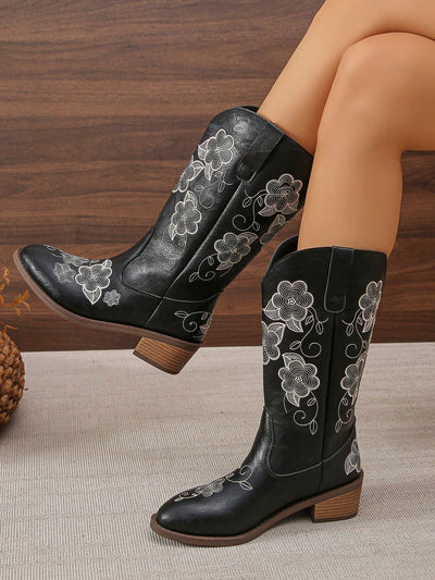 Vintage Coffee Brown Embroidered Western Boots - European Style Trendy Mid-Calf Boots