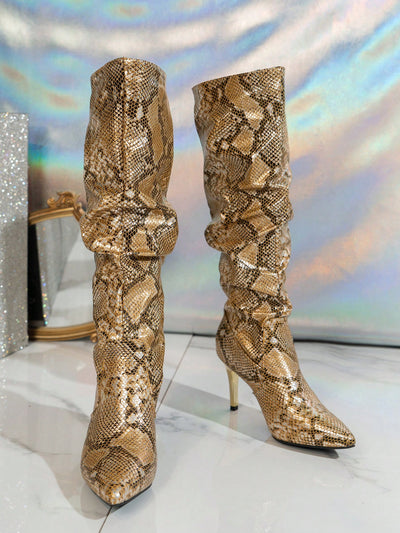 2024 Autumn Collection: Women's Pointed Toe Snake Print High Heel Boots