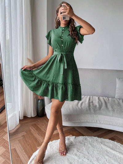 Chic Polka Dot Ruffle Hem Dress with Belt – Perfect for Any Occasion