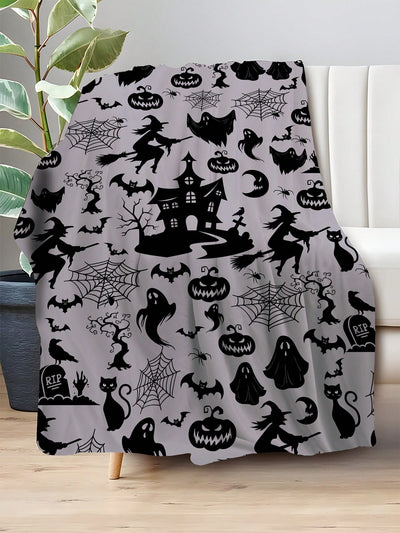 Cozy Witch Bat Print Flannel Blanket for All Seasons - Perfect Gift for Bed, Chair, Car, and Sofa