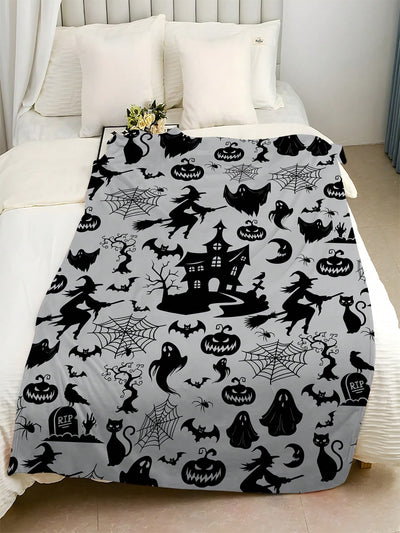 Cozy Witch Bat Print Flannel Blanket for All Seasons - Perfect Gift for Bed, Chair, Car, and Sofa