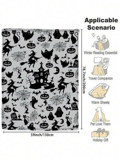 Cozy Witch Bat Print Flannel Blanket for All Seasons - Perfect Gift for Bed, Chair, Car, and Sofa