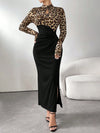 Chic Leopard Print Color-Block Dress with Stand Collar and Keyhole Neck