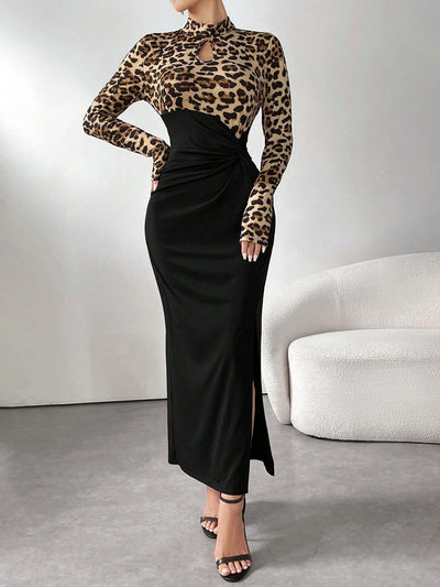 Chic Leopard Print Color-Block Dress with Stand Collar and Keyhole Neck