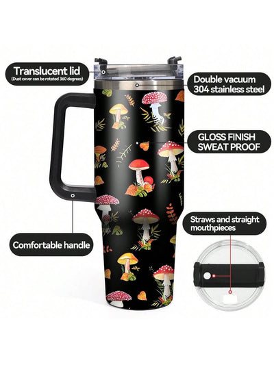 Charming Mushroom Print Insulated Tumbler - 40 Oz Stainless Steel Travel Cup with Straw for Fitness, Parties & Home Use