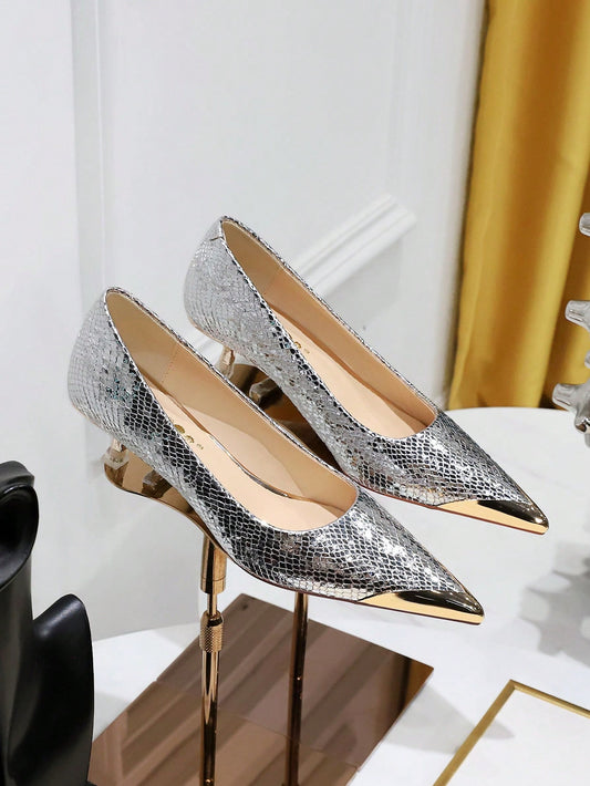 Shimmer and Shine: Metallic Snakeskin Party Pumps with Mid Heels