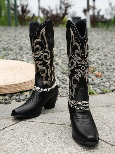 Western Chic: Embroidered Chunky Heel V-Neck Cowboy Boots for Women