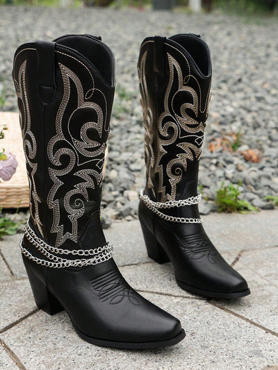 Western Chic: Embroidered Chunky Heel V-Neck Cowboy Boots for Women