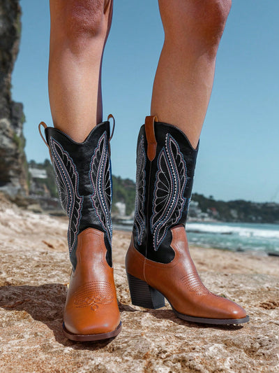 Chic Two-Tone Embroidered Mid-Calf Western Boots with Chunky Heels for Fall