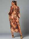 Elegant Marble Print Plus Size Batwing Sleeve Dress with High Slit and Ruffle Hem