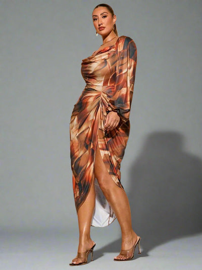 Elegant Marble Print Plus Size Batwing Sleeve Dress with High Slit and Ruffle Hem