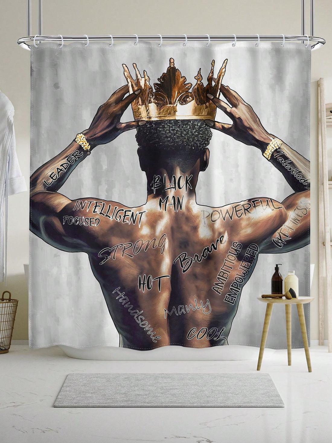 Introduce regal flair into your bathroom with our African-inspired shower curtain set featuring a striking silhouette of a man wearing a crown. Designed with waterproof fabric, this set not only adds a touch of style but also offers practical benefits for a worry-free shower experience.