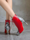 Stylish Snake Skin Print Stiletto Boots with Side Zipper and Lace-Up Detail