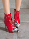 Stylish Snake Skin Print Stiletto Boots with Side Zipper and Lace-Up Detail