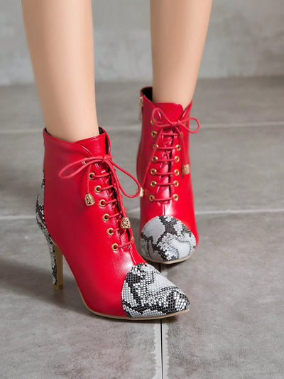 Stylish Snake Skin Print Stiletto Boots with Side Zipper and Lace-Up Detail