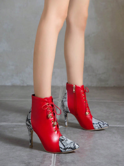 Stylish Snake Skin Print Stiletto Boots with Side Zipper and Lace-Up Detail