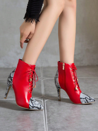 Stylish Snake Skin Print Stiletto Boots with Side Zipper and Lace-Up Detail