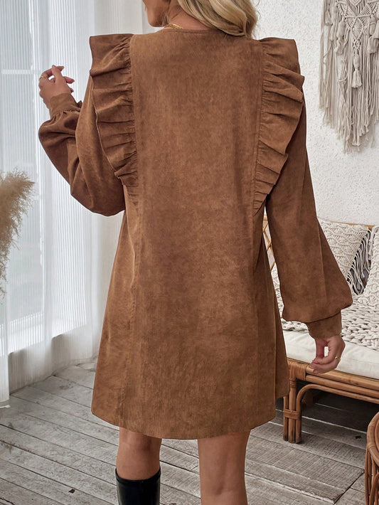 Chic & Casual: Solid Color Corduroy Ruffle Front Button Dress for Spring & Fall