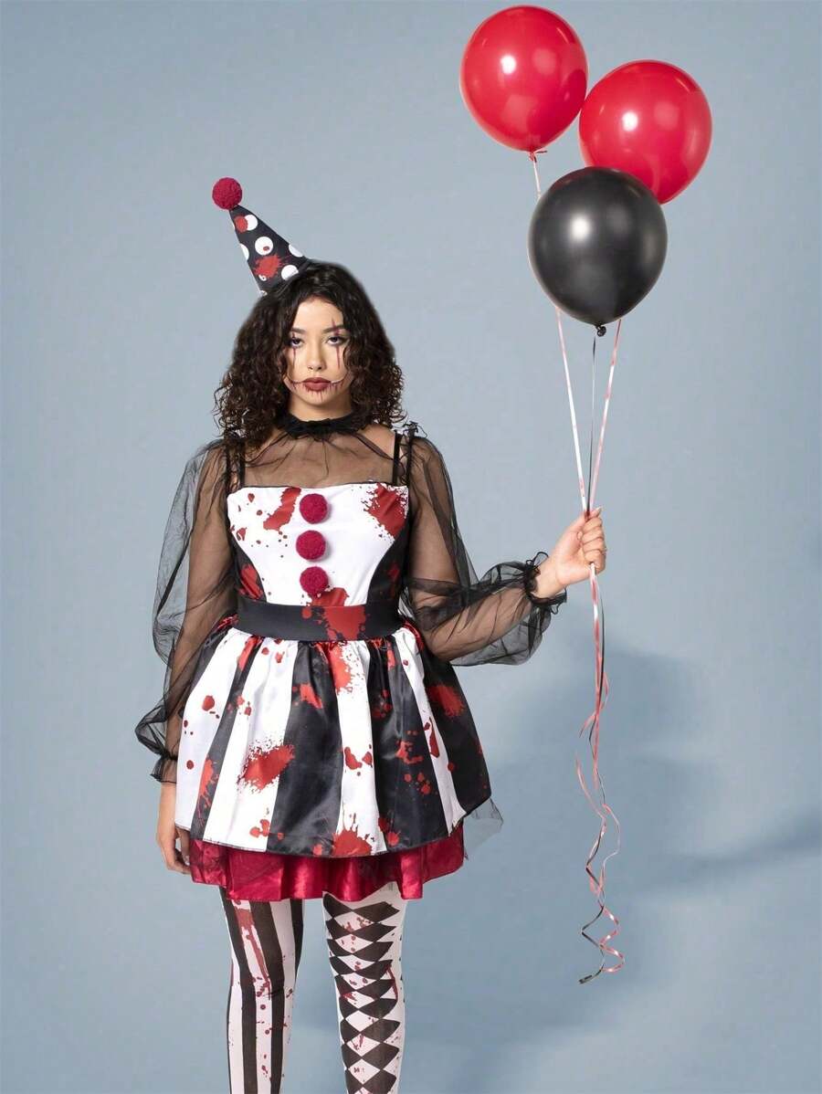 Full view of bloody clown dress costume with red and black balloons for Halloween