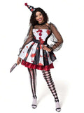 Scary clown costume set showing jester dress hat tights and toy knife