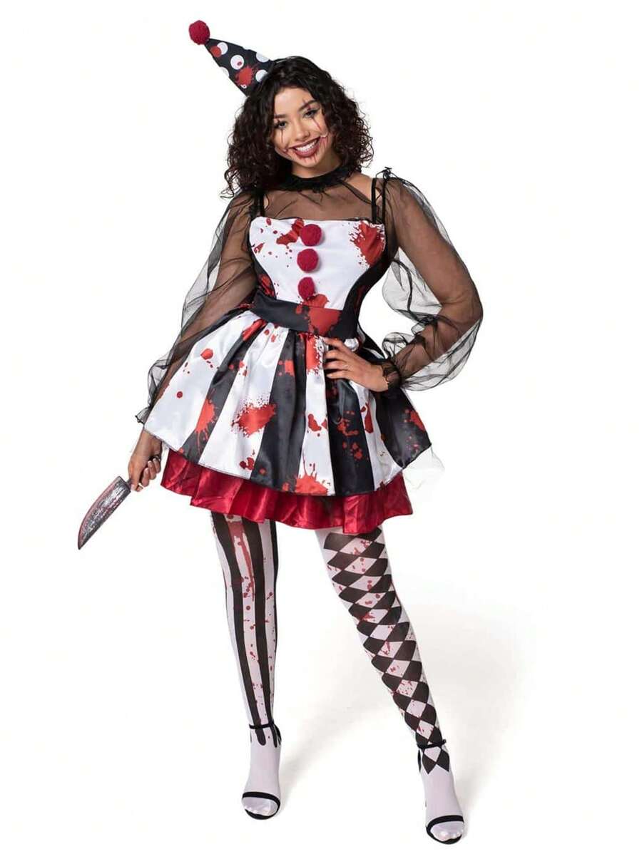 Scary clown costume set showing jester dress hat tights and toy knife