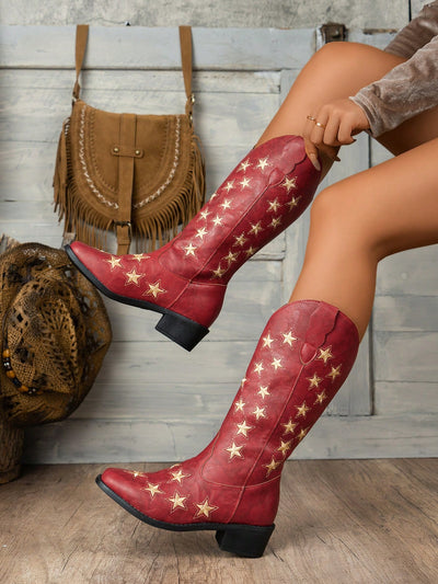 Retro Western Style: Winter Star Embroidered Chunky Heel Mid-Calf Boots for Women