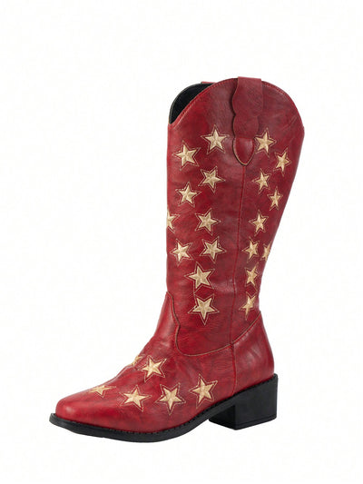 Retro Western Style: Winter Star Embroidered Chunky Heel Mid-Calf Boots for Women