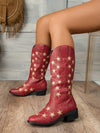 Retro Western Style: Winter Star Embroidered Chunky Heel Mid-Calf Boots for Women