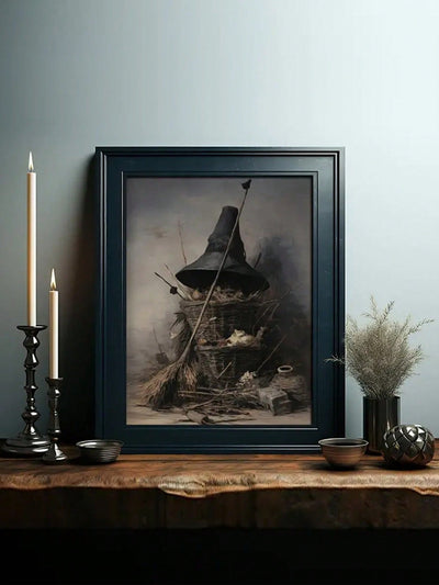 Gothic Vintage Halloween Academy Poster: Witch Hat and Spell Book Wall Art