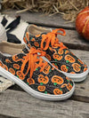 Women Plus Size Pumpkin & Skull Printed Casual Lace-Up Sneakers For Fall & Spring, Casual Shoes