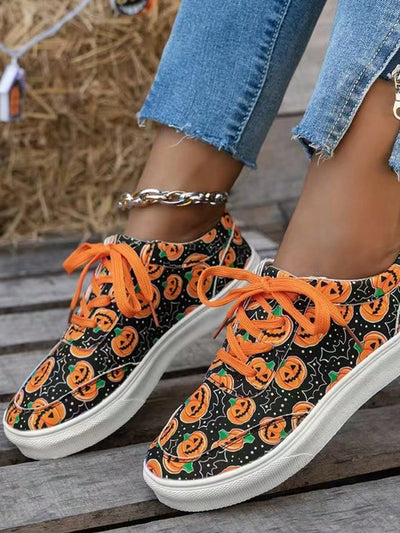 Women Plus Size Pumpkin & Skull Printed Casual Lace-Up Sneakers For Fall & Spring, Casual Shoes