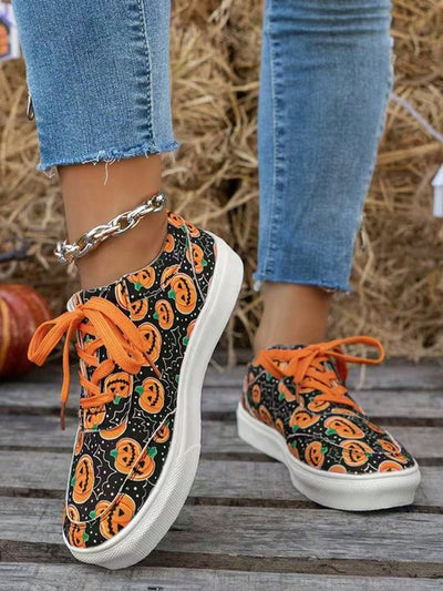 Women Plus Size Pumpkin & Skull Printed Casual Lace-Up Sneakers For Fall & Spring, Casual Shoes