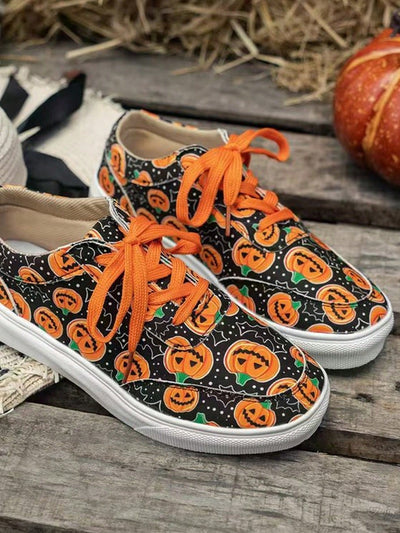 Women Plus Size Pumpkin & Skull Printed Casual Lace-Up Sneakers For Fall & Spring, Casual Shoes