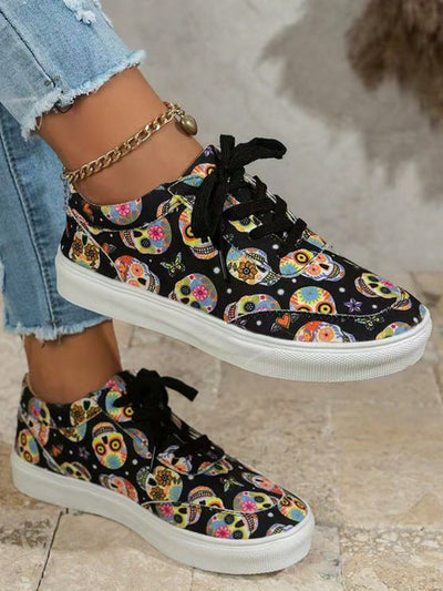 Women Plus Size Pumpkin & Skull Printed Casual Lace-Up Sneakers For Fall & Spring, Casual Shoes