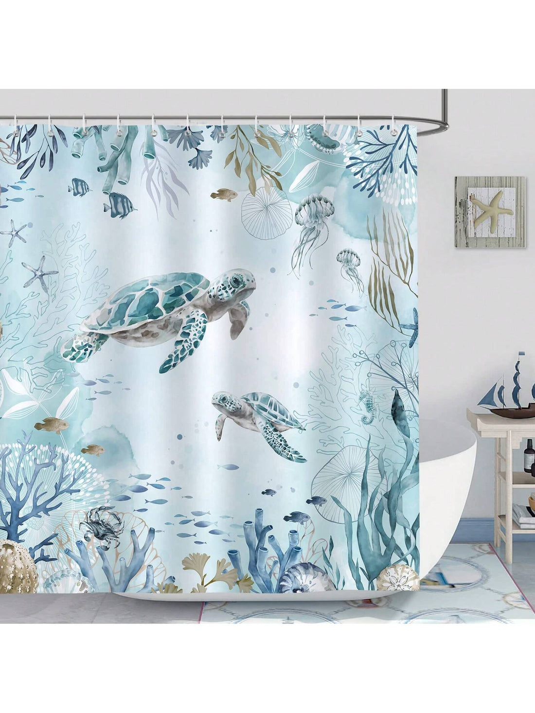 Bring the beach to your bathroom with this playful teal blue sea turtle shower curtain. Its vibrant colors and charming sea turtle design create a fun, coastal vibe that brightens your space. Perfect for adding a splash of ocean-inspired cheer to your daily routine.