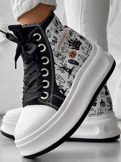 Halloween Chic: Eyelet Lace-Up Sneakers for Fall New School Season Elevator Couple Shoes