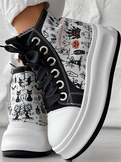 Halloween Chic: Eyelet Lace-Up Sneakers for Fall New School Season Elevator Couple Shoes