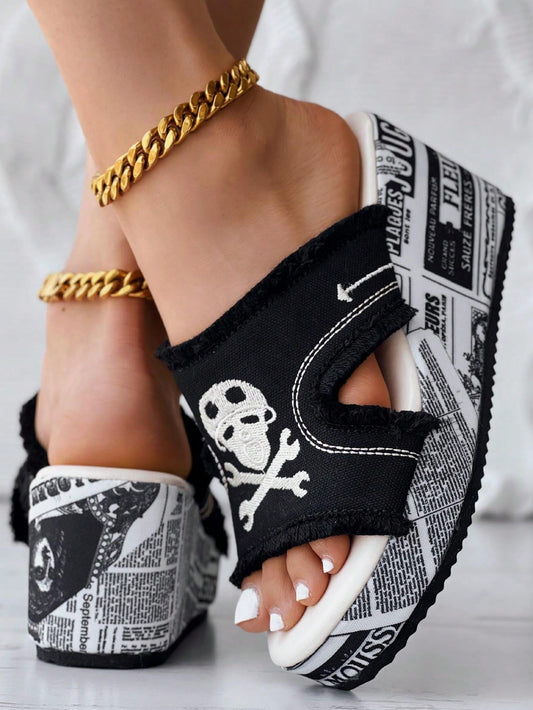 Skeleton Newspaper Print Wedge Sandals: Glam Up Your Halloween Look!