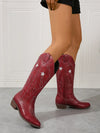 Elegant Red Embroidered Asymmetrical Knight Boots - Versatile Chunky Low-Heel Women's Footwear