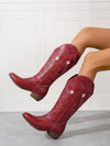 Elegant Red Embroidered Asymmetrical Knight Boots - Versatile Chunky Low-Heel Women's Footwear